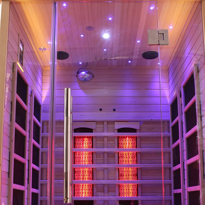 Sauna intérieur premium en érable canadien Hemlock à faibles émissions de champ électromagnétique (CEM) avec spectre complet pour 2 personnes Blisspod Venetian 10 chauffages Chromothérapie Réflexologie