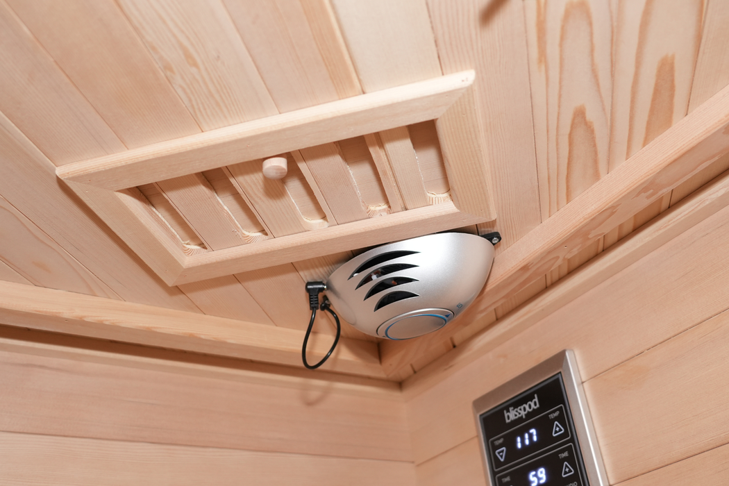 Blisspod | Venetian | Sauna d'intérieur premium en ciguë canadienne à spectre complet, ultra faible EMF | 11 chauffages | réflexologie et chromothérapie | 3 personnes