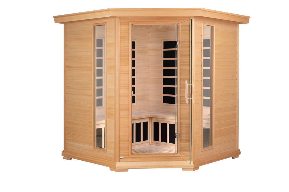 Blisspod, Vienna, Corner Spacious Far Infrared Sauna Canadian Hemlock Ultra Low EMF, 12 Heaters for 4-5 Persons