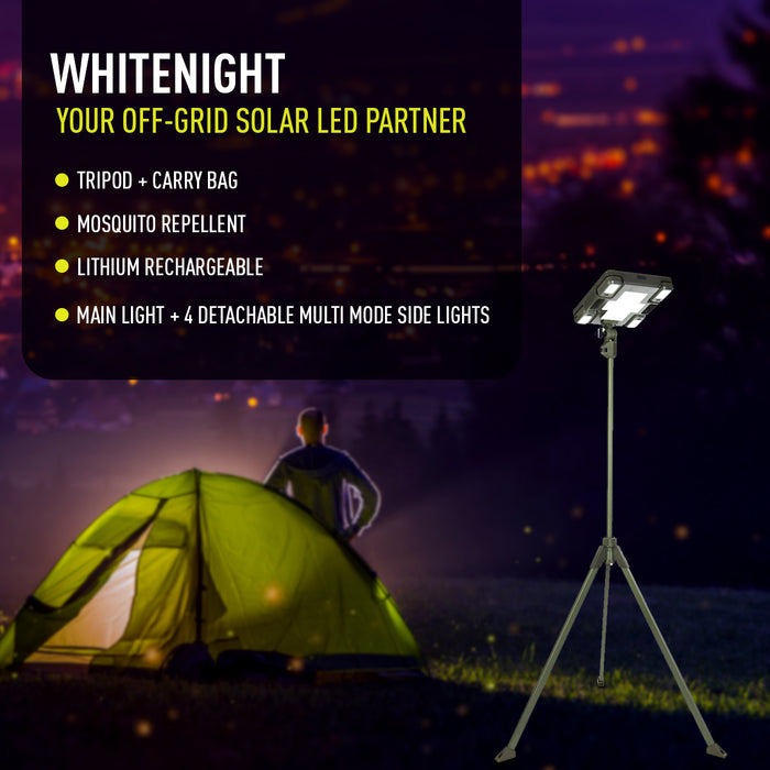 TRU De-LIGHT WHITENIGHT Multipurpose LED Solar / AC / DC - Garden, Camping Main Light + 4 Independent Detachable Multi Mode Side Lights / Tripod + Carrying Bag